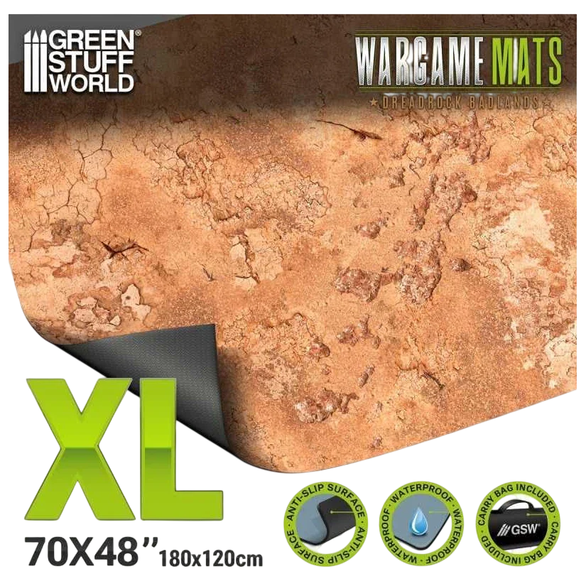 Green Stuff World Wargame Mat, Dreadrock Badlands, Neoprene Battle Surface, Anti-Slip Backing, 48x70 Inch, with Carrying Bag - 6343