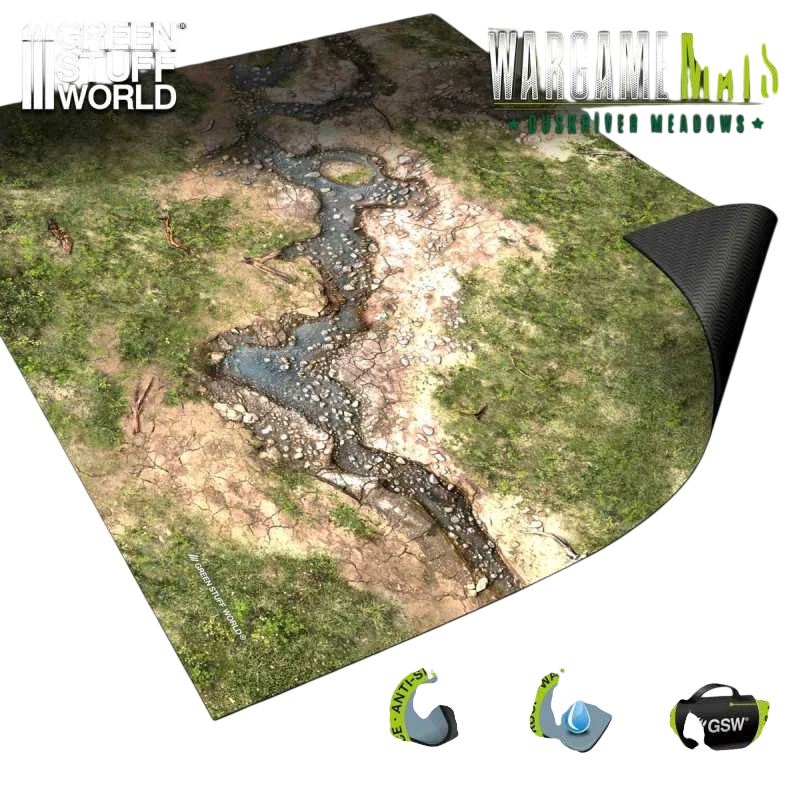 Green Stuff World Wargame Mat, Duskriver Meadows, Neoprene Battle Surface, Anti-Slip Backing, 30x22 Inch, with Carrying Bag - 5863
