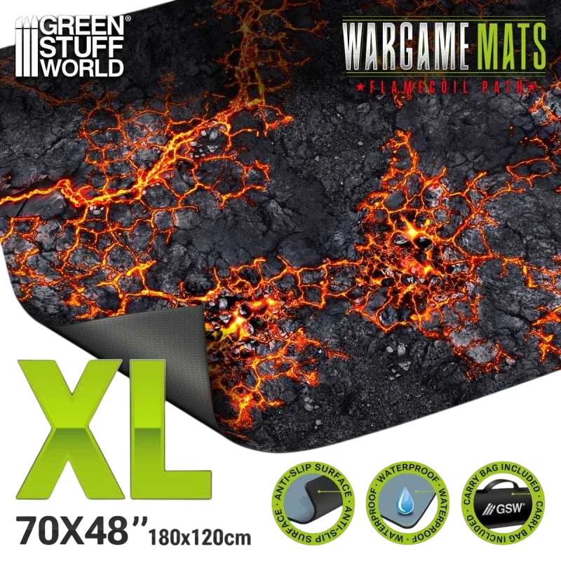 Green Stuff World Wargame Mat, Flamecoil Path, Neoprene Battle Surface, Anti-Slip Backing, 48x70 Inch, with Carrying Bag - 6342
