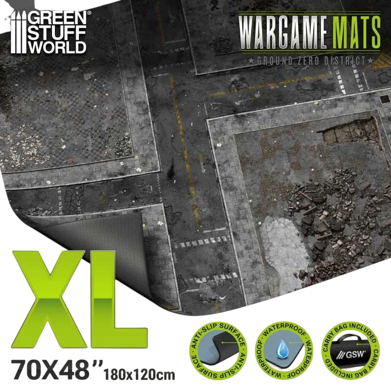 Green Stuff World Wargame Mat, Ground Zero District, Neoprene Battle Surface, Anti-Slip Backing, 48x70 Inch, with Carrying Bag - 6345