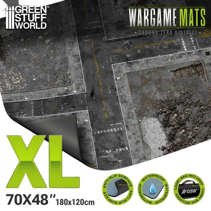 Green Stuff World Wargame Mat, Ground Zero District, Neoprene Battle Surface, Anti-Slip Backing, 48x70 Inch, with Carrying Bag - 6345
