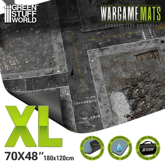 Green Stuff World Wargame Mat, Ground Zero District, Neoprene Battle Surface, Anti-Slip Backing, 48x70 Inch, with Carrying Bag - 6345