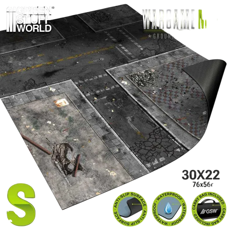 Green Stuff World Wargame Mat, Ground Zero District (56x76cm), Neoprene Battle Surface, Anti-Slip Backing, 30x22 Inch, with Carrying Bag - 5864