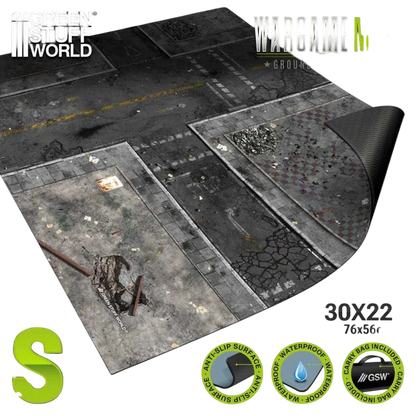 Green Stuff World Wargame Mat, Ground Zero District (56x76cm), Neoprene Battle Surface, Anti-Slip Backing, 30x22 Inch, with Carrying Bag - 5864