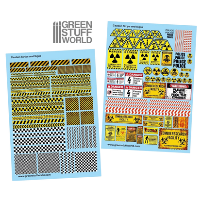 Green Stuff World Waterslide Decals - Caution Strips and Signs - Wargaming