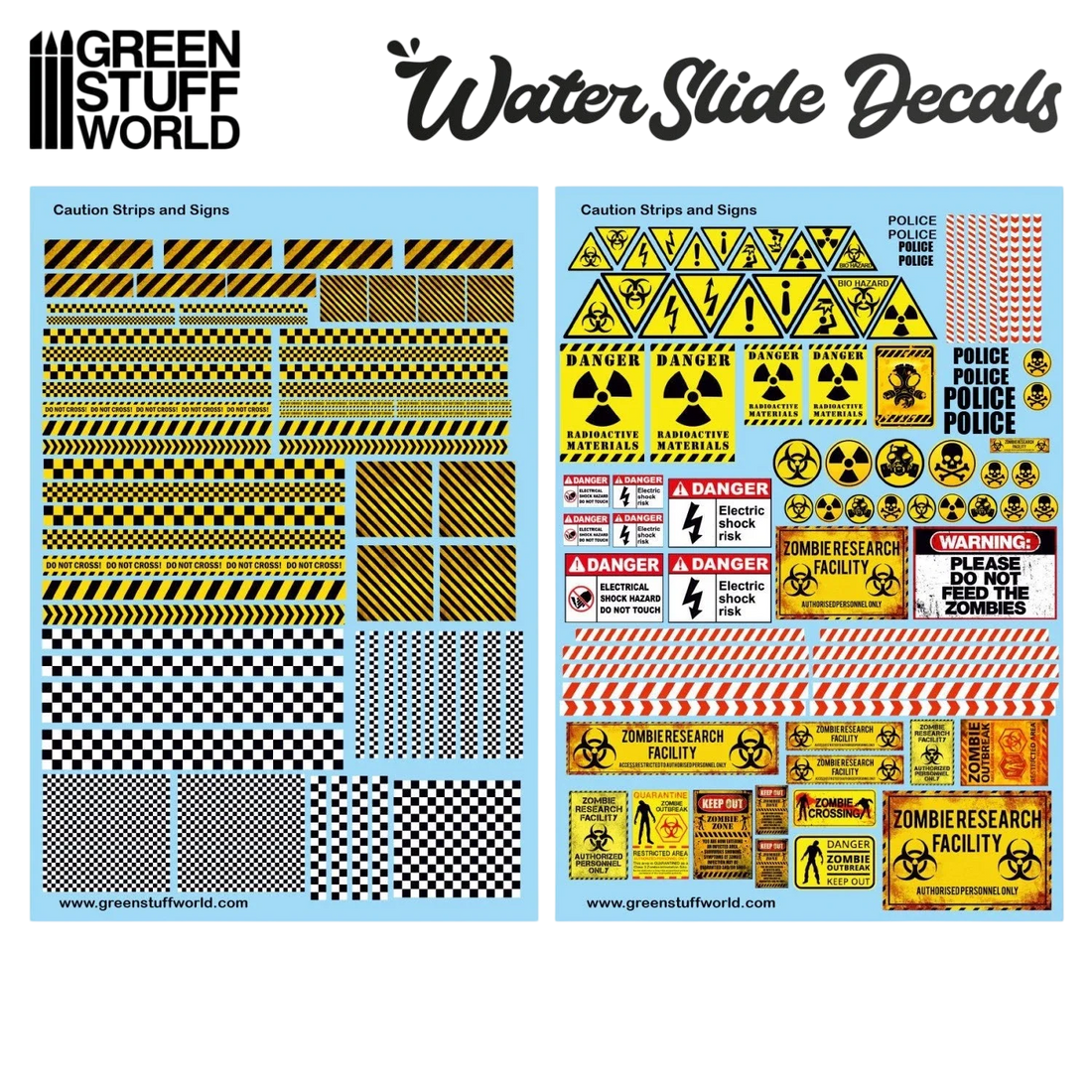 Green Stuff World Waterslide Decals - Caution Strips and Signs - Wargaming
