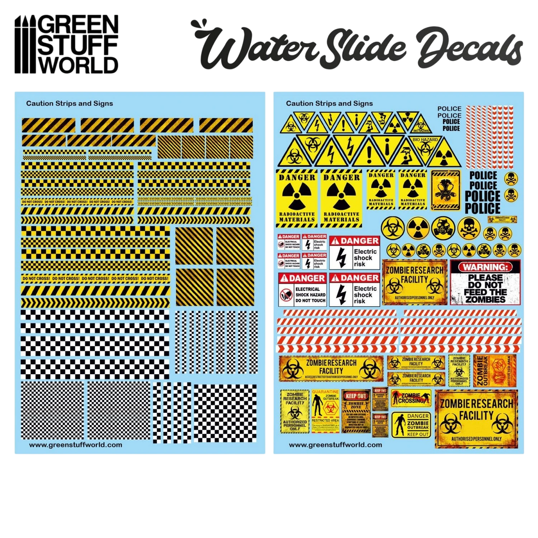 Green Stuff World Waterslide Decals - Caution Strips and Signs - Wargaming