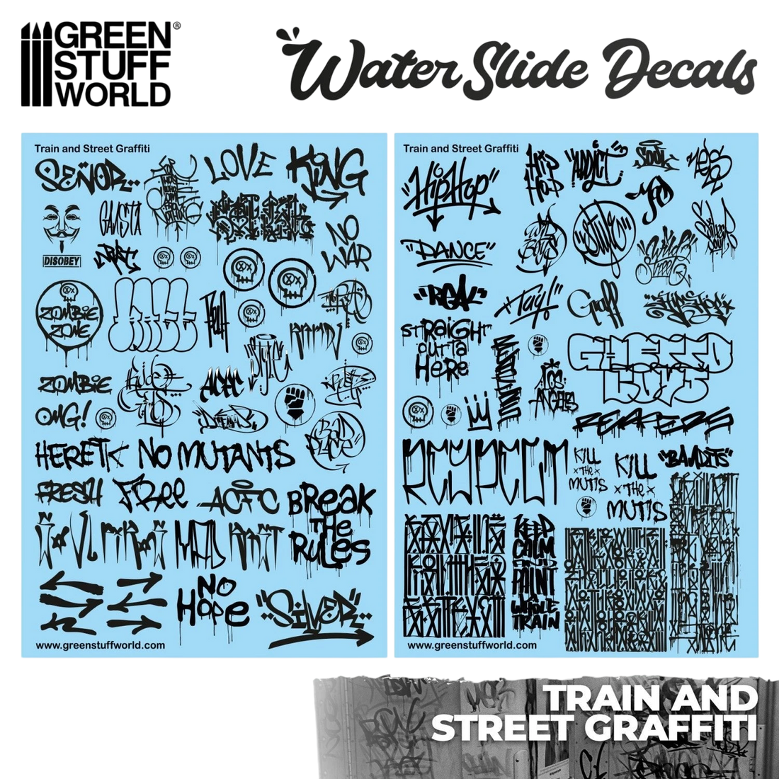 Green Stuff World Waterslide Decals - Train and Graffiti Mix - Black - Wargaming