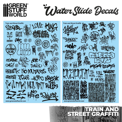 Green Stuff World Waterslide Decals - Train and Graffiti Mix - Black - Wargaming