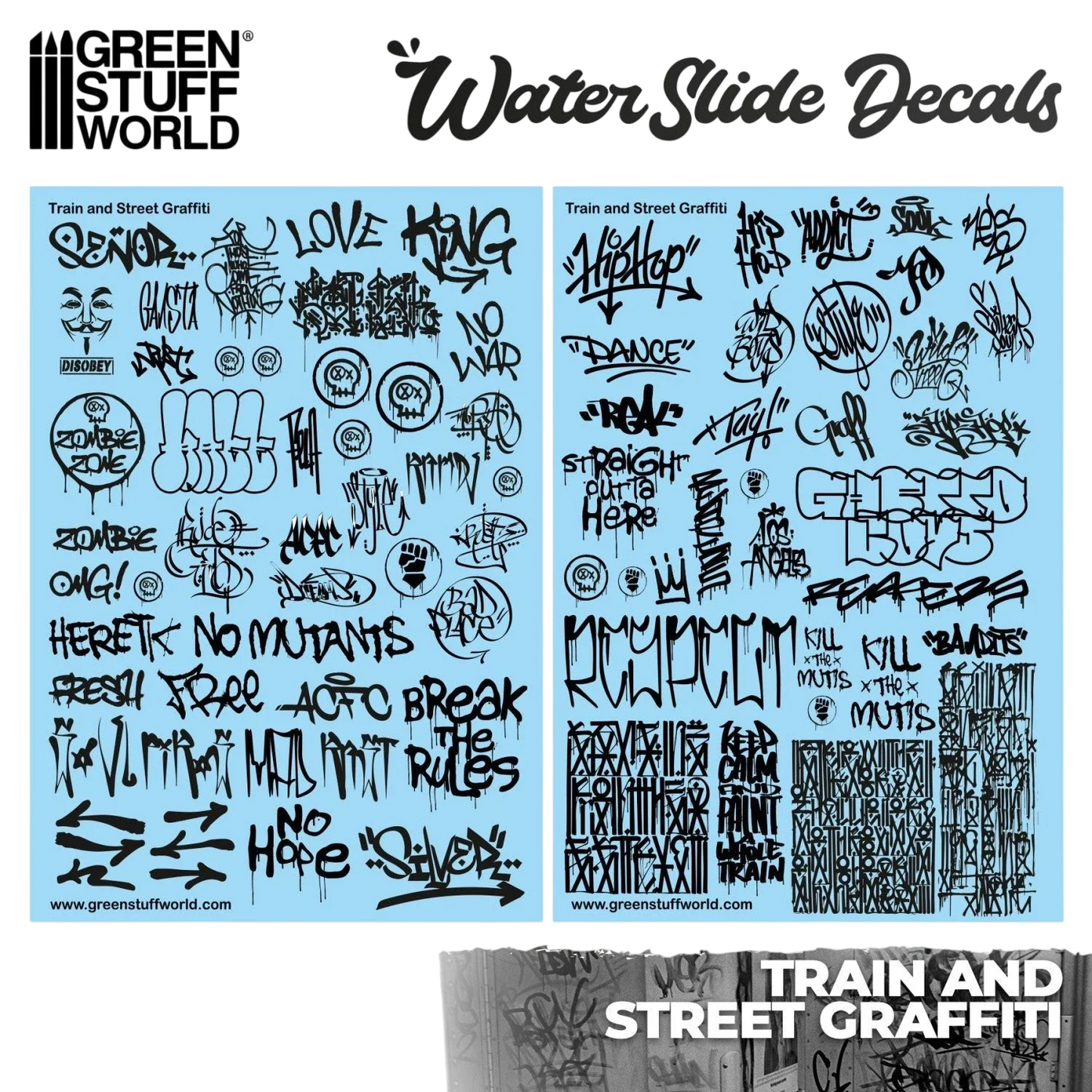Green Stuff World Waterslide Decals - Train and Graffiti Mix - Black - Wargaming