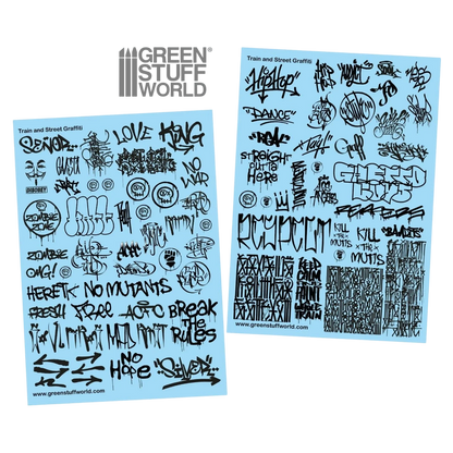 Green Stuff World Waterslide Decals - Train and Graffiti Mix - Black - Wargaming