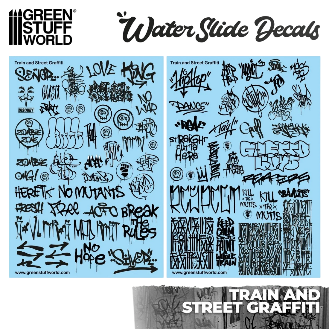 Green Stuff World Waterslide Decals - Train and Graffiti Mix - Black - Wargaming