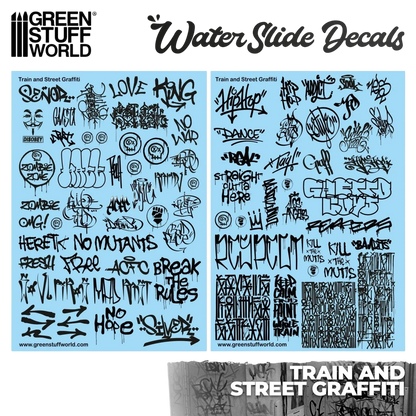 Green Stuff World Waterslide Decals - Train and Graffiti Mix - Black - Wargaming