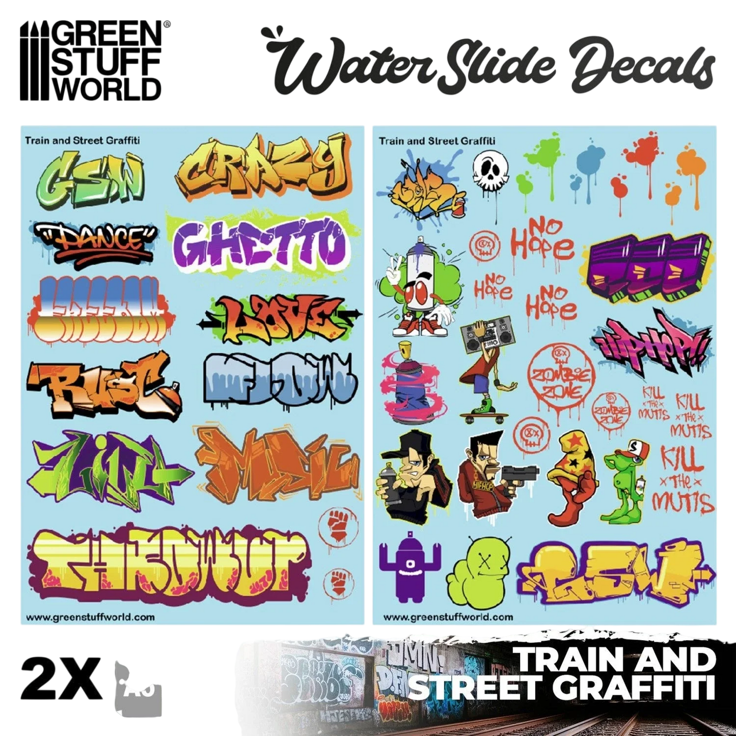 Green Stuff World Waterslide Decals - Train and Graffiti Mix - Wargaming and Modeling
