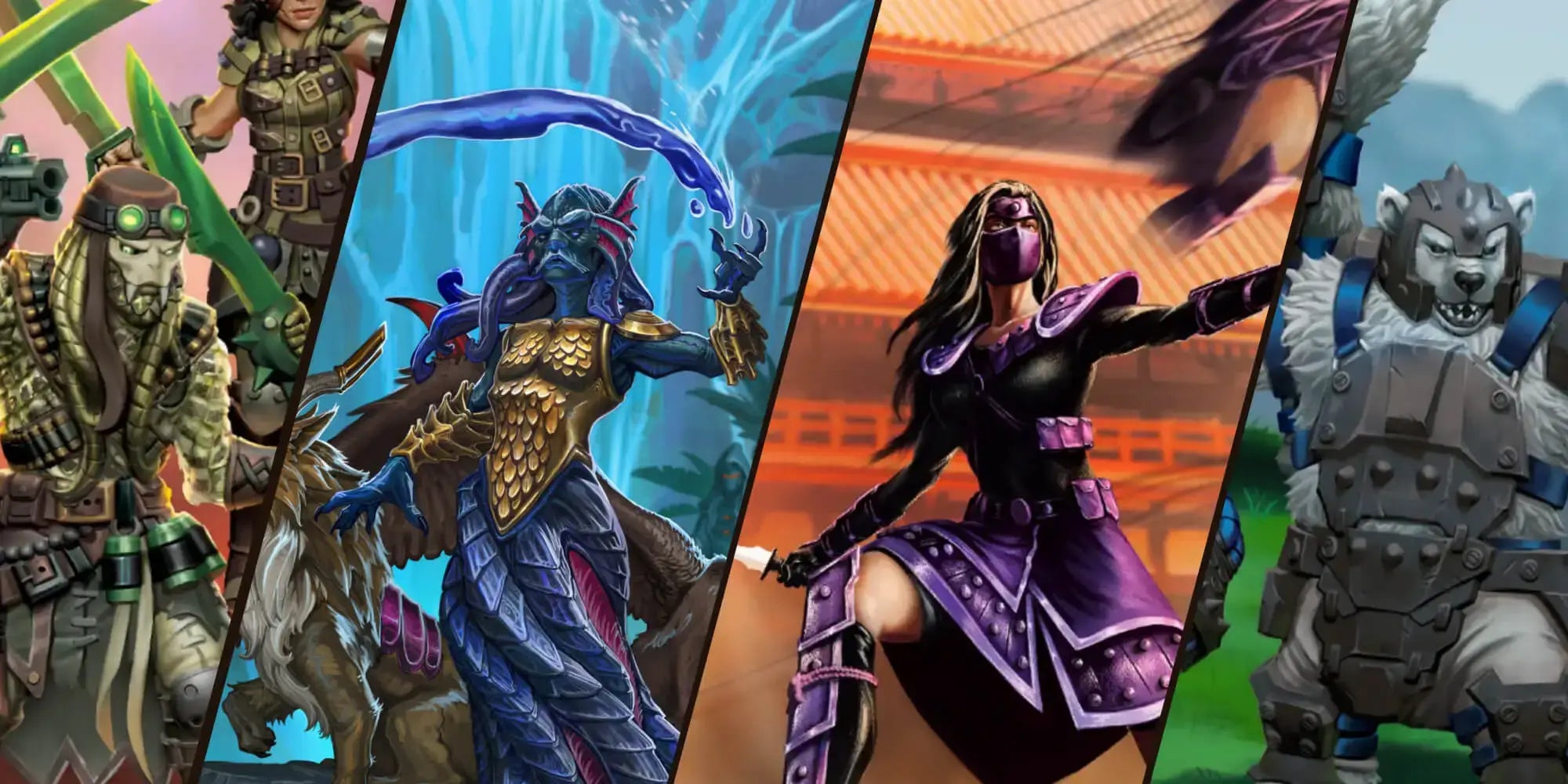 Artwork of 4 Heroscape Miniature Figures together from the Age of Annihilation Sets: Exiles of the Sundered Sea, Ewashia, Shiori, and Frostclaw Paladins.