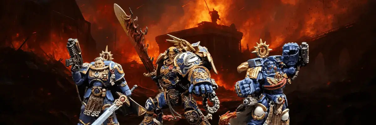 Three Warhammer 40k Custom Painted Space Marine and Cleric miniature  figures with a burning battlefield.