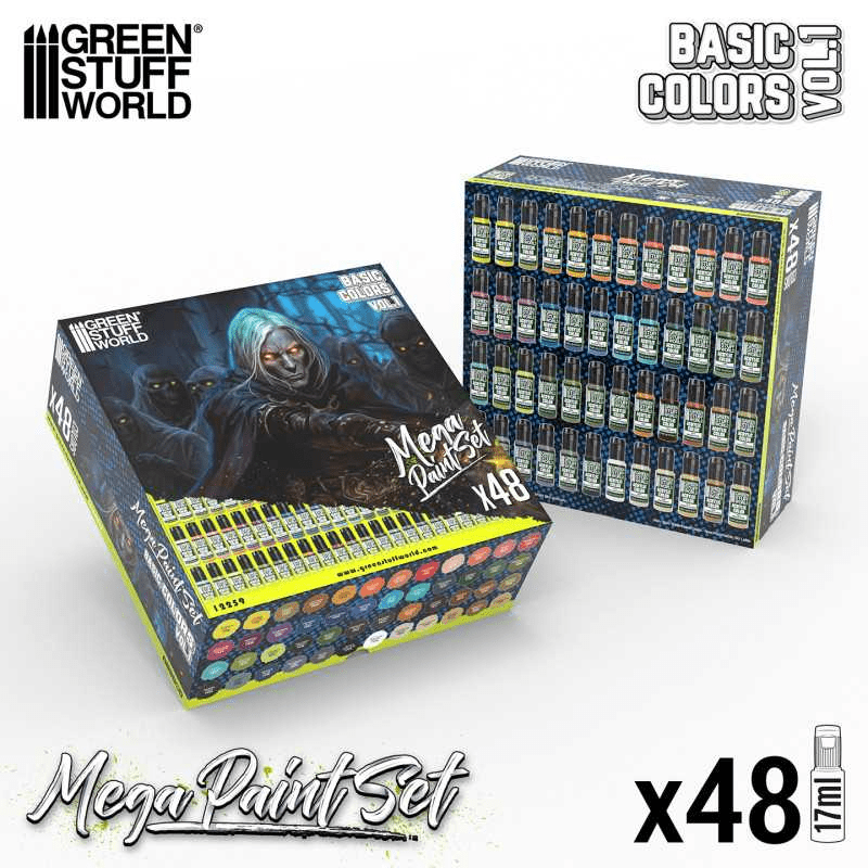 Green Stuff World Ultimate Basic Mega Starter Paint Set - Vol. 1.0 - 48 Essential Acrylic Paints for Modeling, Wargaming, and other Hobbies - 12259 - Cobbco