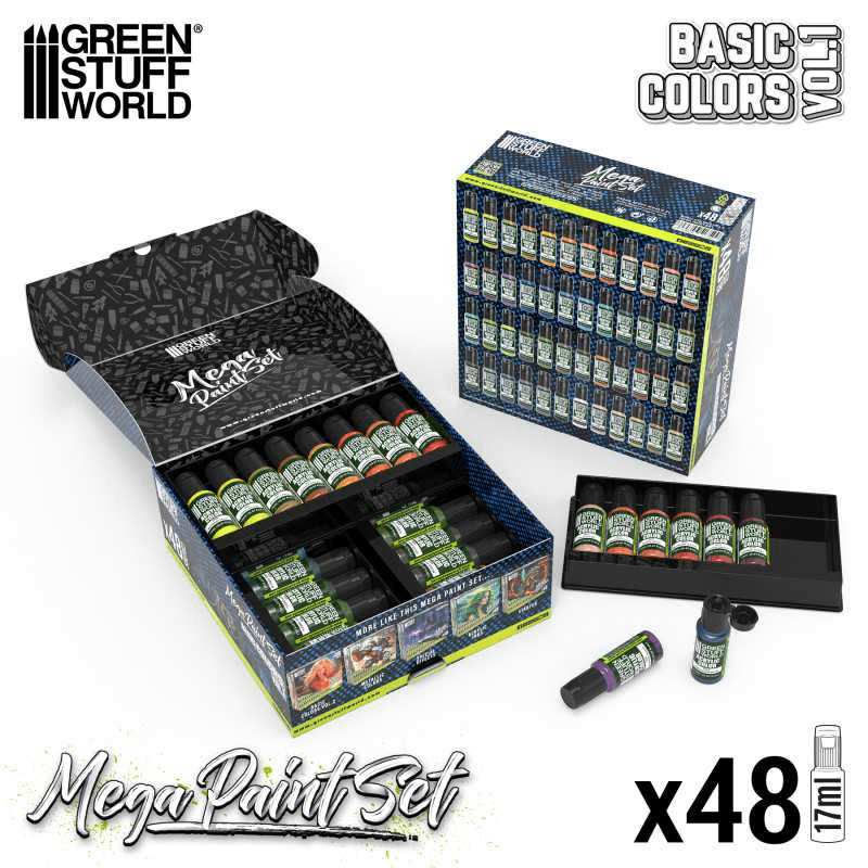 Green Stuff World Ultimate Basic Mega Starter Paint Set - Vol. 1.0 - 48 Essential Acrylic Paints for Modeling, Wargaming, and other Hobbies - 12259 - Cobbco