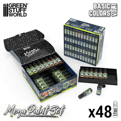 Green Stuff World Ultimate Basic Mega Starter Paint Set - Vol. 1.0-48 Essential Acrylic Paints for Modeling, Wargaming, and other Hobbies - 12259