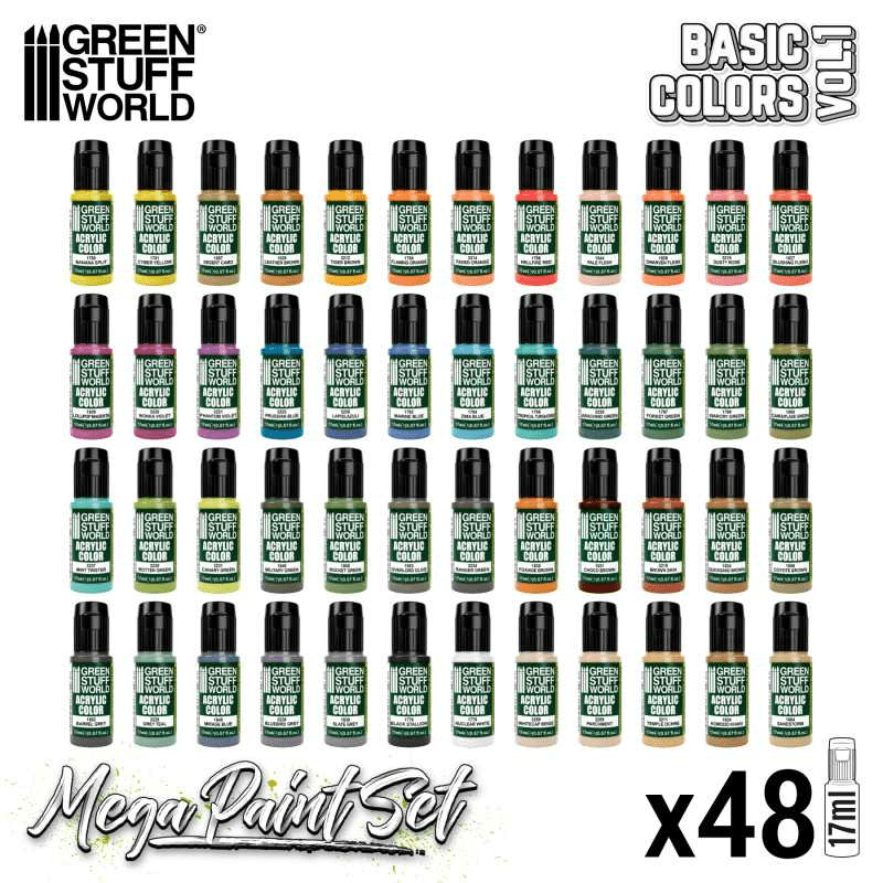 Green Stuff World Ultimate Basic Mega Starter Paint Set - Vol. 1.0 - 48 Essential Acrylic Paints for Modeling, Wargaming, and other Hobbies - 12259 - Cobbco