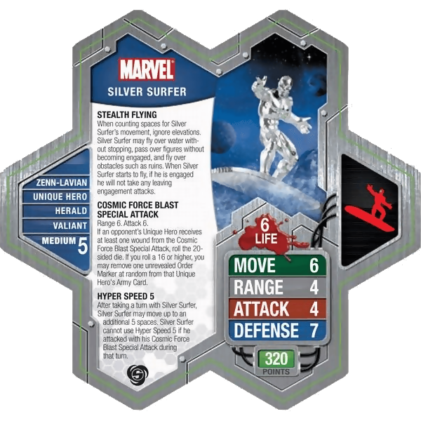 Silver Surfer Prepainted Miniature's Army Card From Heroscape Marvel: The Conflict Begins on Wargame Trader