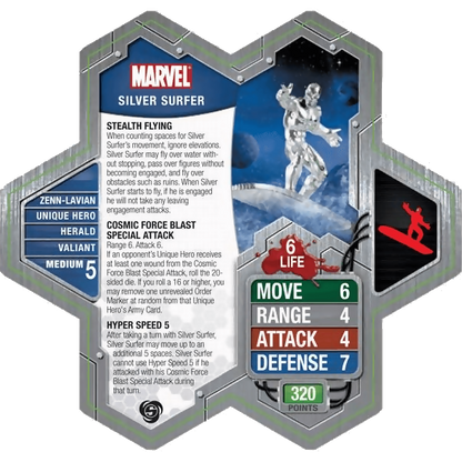 Silver Surfer Prepainted Miniature's Army Card From Heroscape Marvel: The Conflict Begins on Wargame Trader
