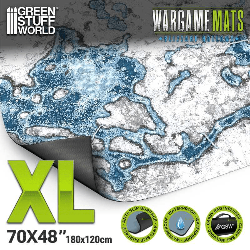 Green Stuff World Wargame Mat, Blizzard Hollows, Neoprene Battle Surface, Anti - Slip Backing, 48x70 Inch, with Carrying Bag - 6346 - Cobbco