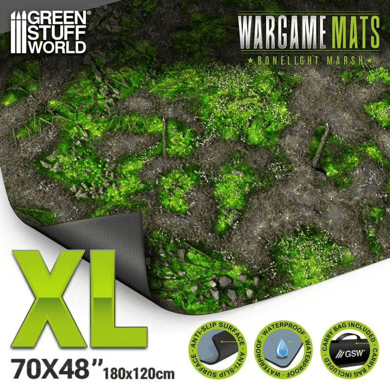 Green Stuff World Wargame Mat, Boneblight Marsh, Neoprene Battle Surface, Anti - Slip Backing, 48x70 Inch, with Carrying Bag - 6347 - Cobbco