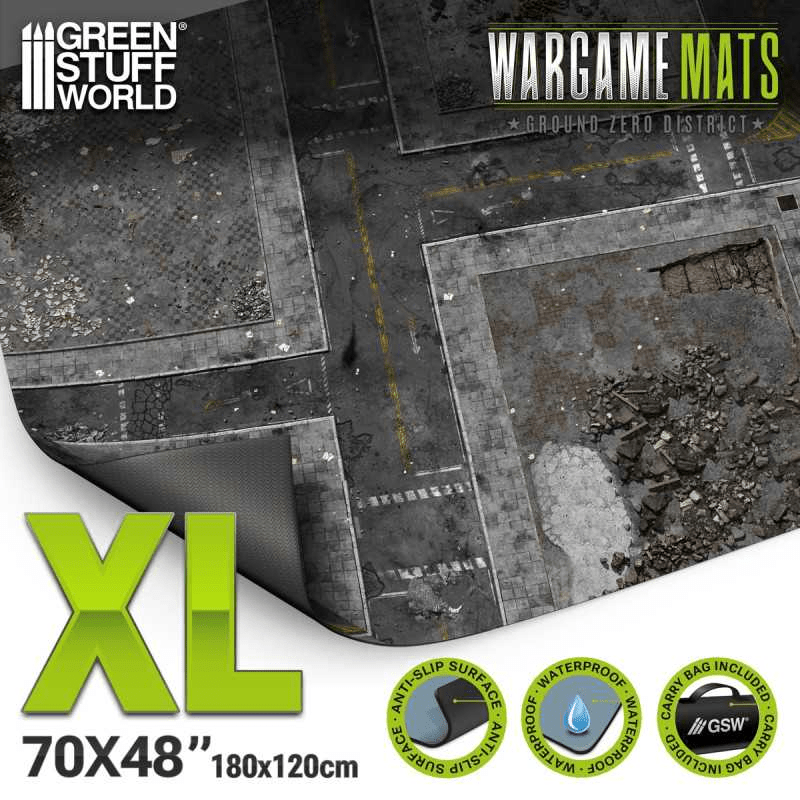 Green Stuff World Wargame Mat, Ground Zero District, Neoprene Battle Surface, Anti - Slip Backing, 48x70 Inch, with Carrying Bag - 6345 - Cobbco