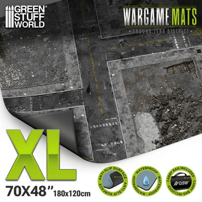 Green Stuff World Wargame Mat, Ground Zero District, Neoprene Battle Surface, Anti-Slip Backing, 48x70 Inch, with Carrying Bag - 6345