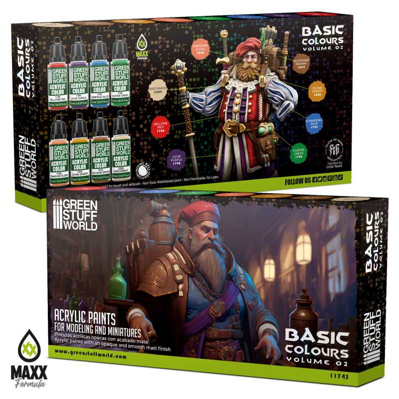 Green Stuff World for Models and Miniatures Paint Set Basic Colors Vol. 02 - 11743 - Cobbco