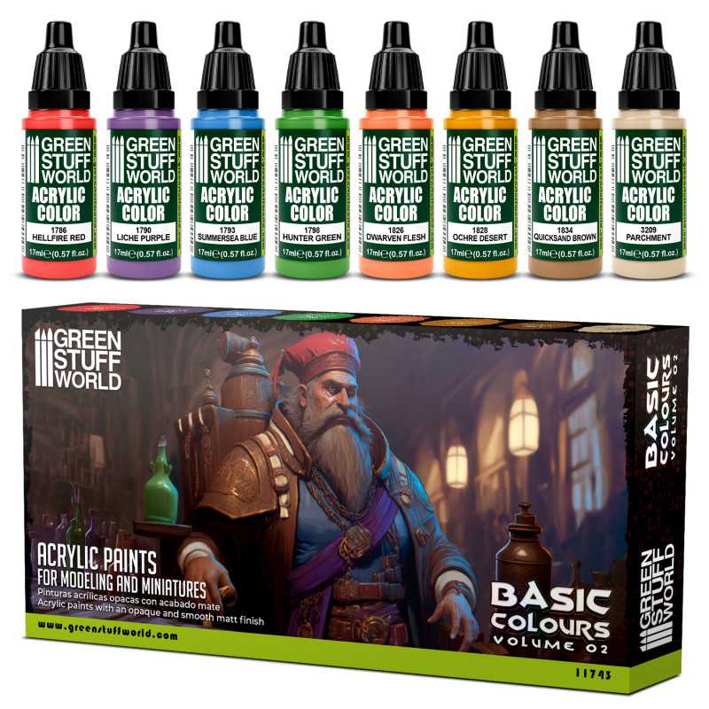 Green Stuff World for Models and Miniatures Paint Set Basic Colors Vol. 02 - 11743 - Cobbco