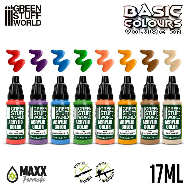 Green Stuff World for Models and Miniatures Paint Set Basic Colors Vol. 02 - 11743 - Cobbco
