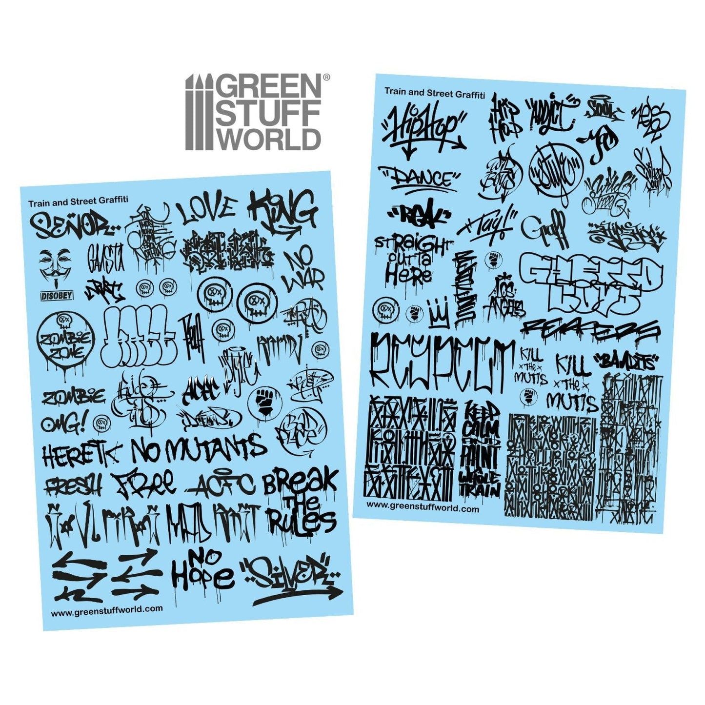 Green Stuff World Waterslide Decals - Train and Graffiti Mix - Black - Wargaming