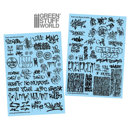 Green Stuff World Waterslide Decals - Train and Graffiti Mix - Black - Wargaming